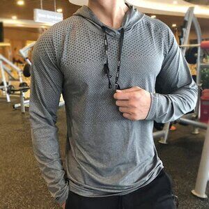 Comfortable Men's Grey Sports Long-Sleeved Compression Hooded Sweatshirt Sz 2XL